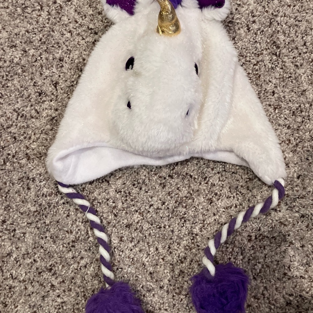 Unicorn Plush Hat – White with Purple & Gold – Kids